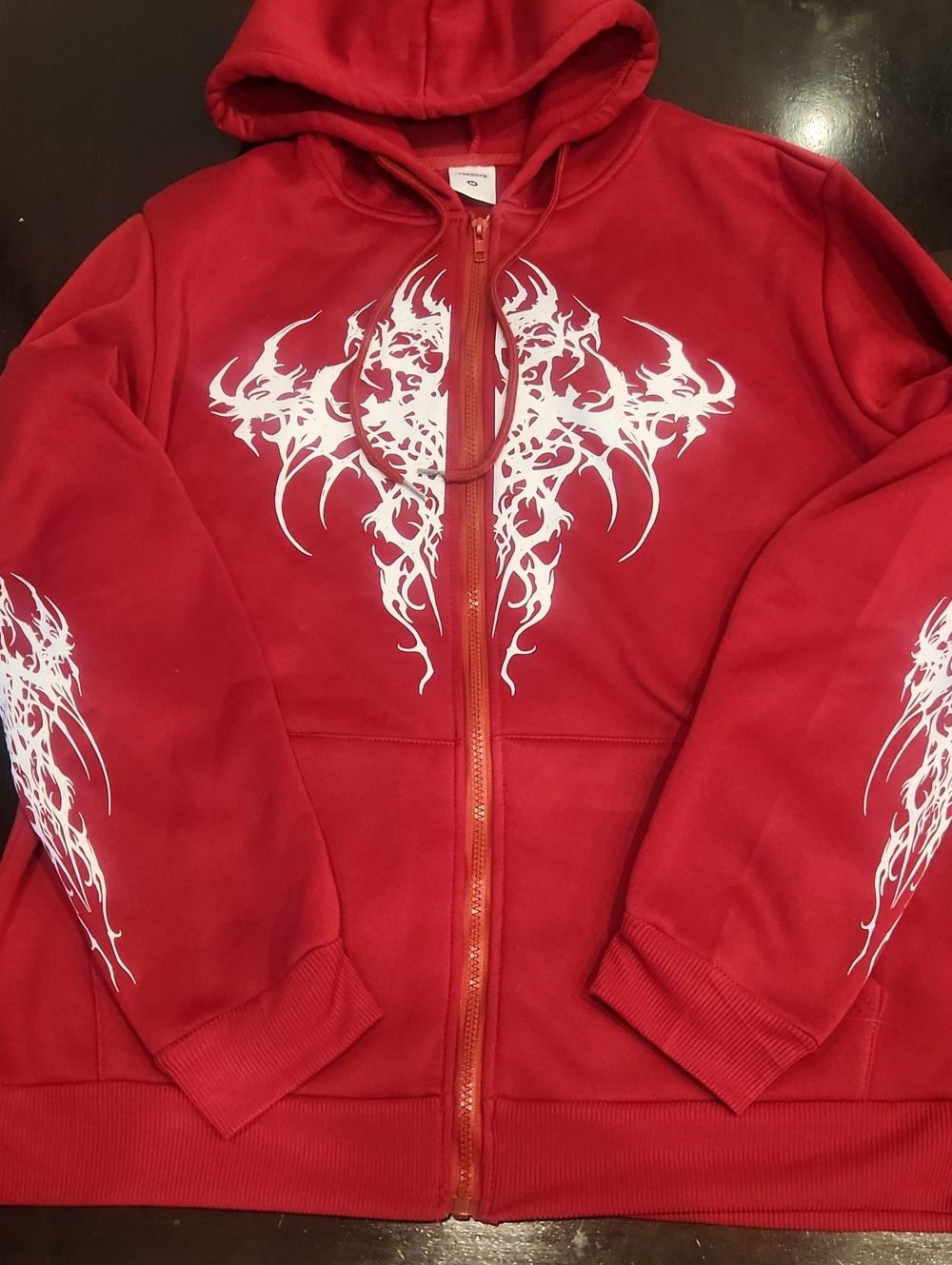 Red Full-Zip Hooded Jacket with White Tribal Motif